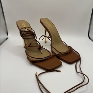 Fashion Nova Brown Lace-Up Square Toe Heels with Gold Stiletto